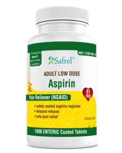 Safrel Aspirin 81 mg (1000 Enteric Coated Tablets) | Adult Low Dose Strength Pain Reliever (NSAID) | Safe Pain Relief for Minor Aches | Value Pack Generic Bayer