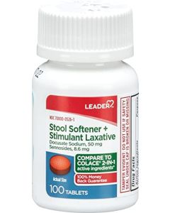 LEADER 2-in-1 Stool Softener & Stimulant Laxative, Docusate Sodium Stool Softener for Gentle Dependable Constipation Relief, 100 Tablets