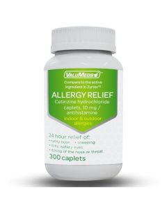 ValuMeds 24-Hour Allergy Medicine (300-Count) Antihistamine for Pollen, Hay Fever, Dry, Itchy Eyes, Allergies | Cetirizine HCl 10mg Caplets, Compare to Zyrtec