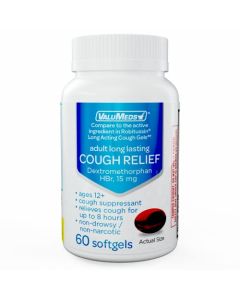 ValuMeds Cough Relief for Adults Dextromethorphan HBr Cold Medicine for Sore Throat 15mg (60 Softgels) 8-Hour, Non-Drowsy, Long-Lasting Bronchial Suppressant
