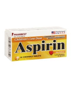 PHARBEST Aspirin Low Dose 81mg Each, Chewable, 36 Count Bottle, Orange Flavor